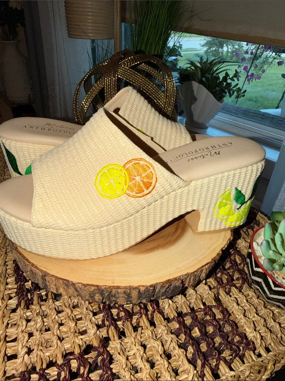 Matisse x Anthropologie Embroidered Citrus Raffia Platform Sandals Size 9 NEW